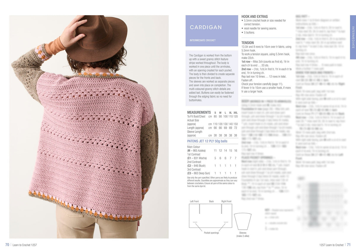 A person wearing a handmade pink crochet cardigan with brown sleeves, facing away. Text on right includes cardigan pattern details and measurements. Casual and creative tone.