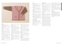 Two-tone crocheted cardigan on a beige background, featuring pink and brown sections with decorative edging. Accompanied by blurred text instructions.