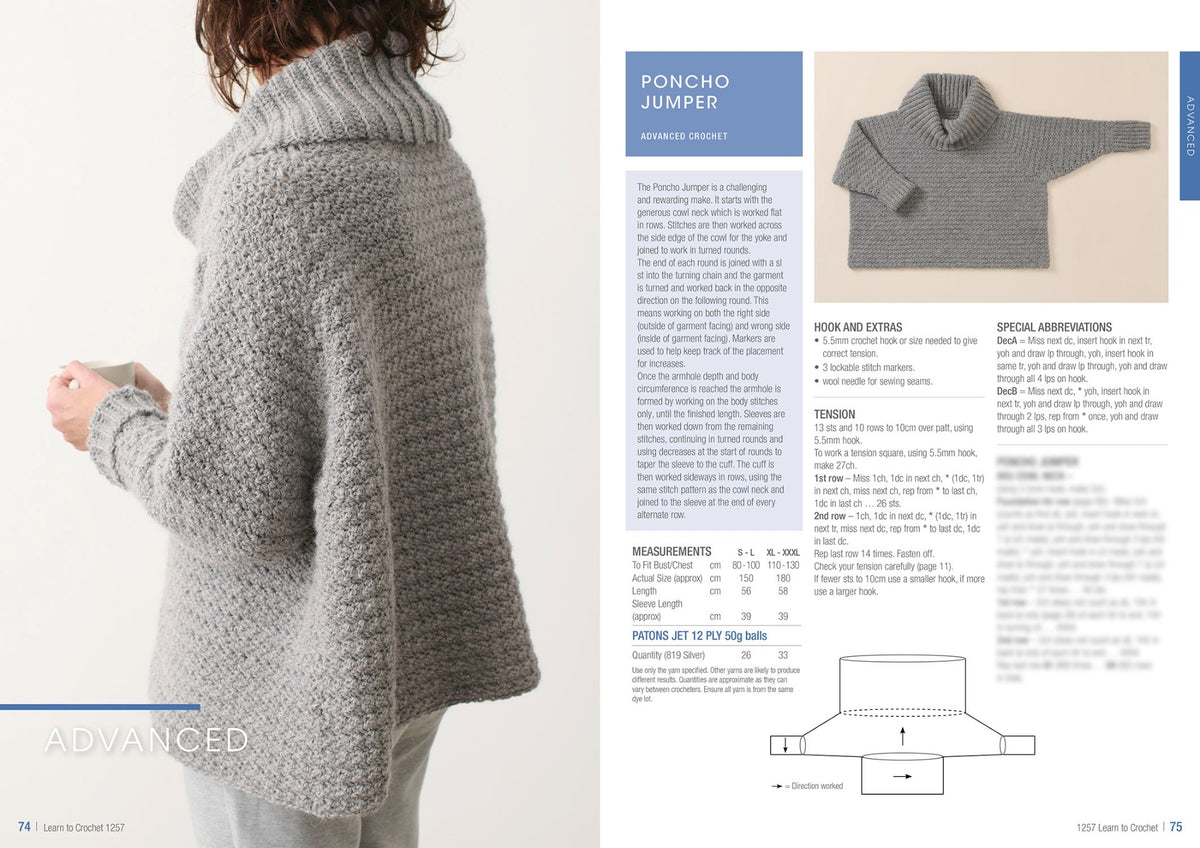 A person models a gray crocheted poncho jumper with a large cowl neck on the left. On the right, detailed instructions and a schematic for creating the poncho are shown with the poncho laid flat above. A sophisticated and cozy tone is conveyed.