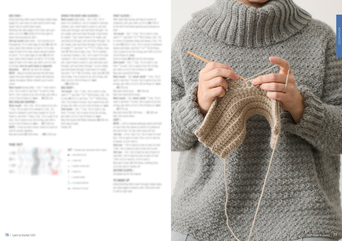 A person in a cozy gray sweater is crocheting with light brown yarn. The image is alongside a blurred text page, highlighting focused concentration and calm.