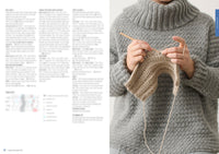A person in a cozy gray sweater is crocheting with light brown yarn. The image is alongside a blurred text page, highlighting focused concentration and calm.