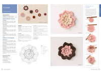 Crochet pattern tutorial for flower motifs, featuring various size and color options. Text sections detail measurements, materials, and step-by-step instructions.