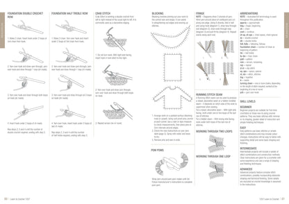 A crochet guide page with illustrated steps for foundation double crochet, foundation half treble row, crab stitch, blocking, fringe, and pom poms. Includes stitch diagrams and written instructions, along with abbreviations and skill levels ranging from beginner to advanced. The tone is instructional and supportive, aimed at guiding users through various crochet techniques.