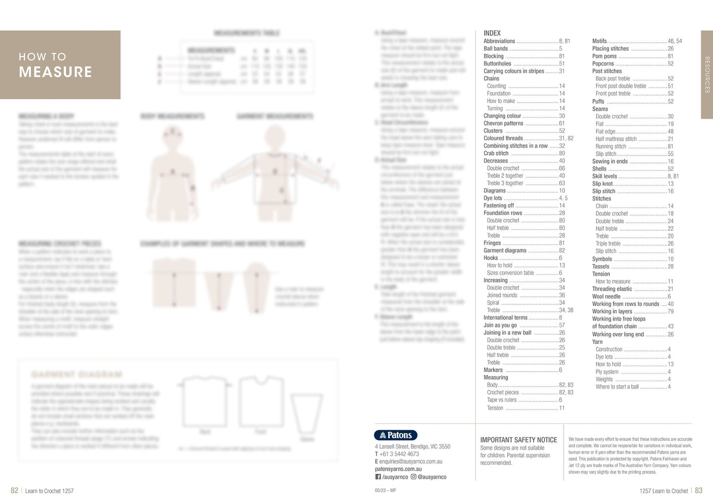 Guide on how to measure for garments, featuring illustrations of body measurements and garment shapes. Includes a measurement table and detailed instructions. An index of topics and safety notice are present on the right. The tone is informative and instructional.