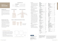 Guide on how to measure for garments, featuring illustrations of body measurements and garment shapes. Includes a measurement table and detailed instructions. An index of topics and safety notice are present on the right. The tone is informative and instructional.