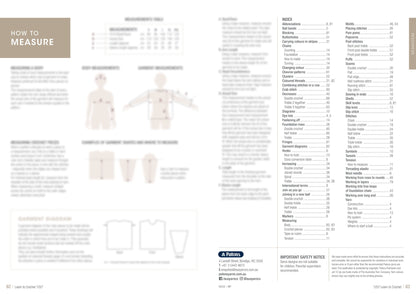 Guide on how to measure for garments, featuring illustrations of body measurements and garment shapes. Includes a measurement table and detailed instructions. An index of topics and safety notice are present on the right. The tone is informative and instructional.