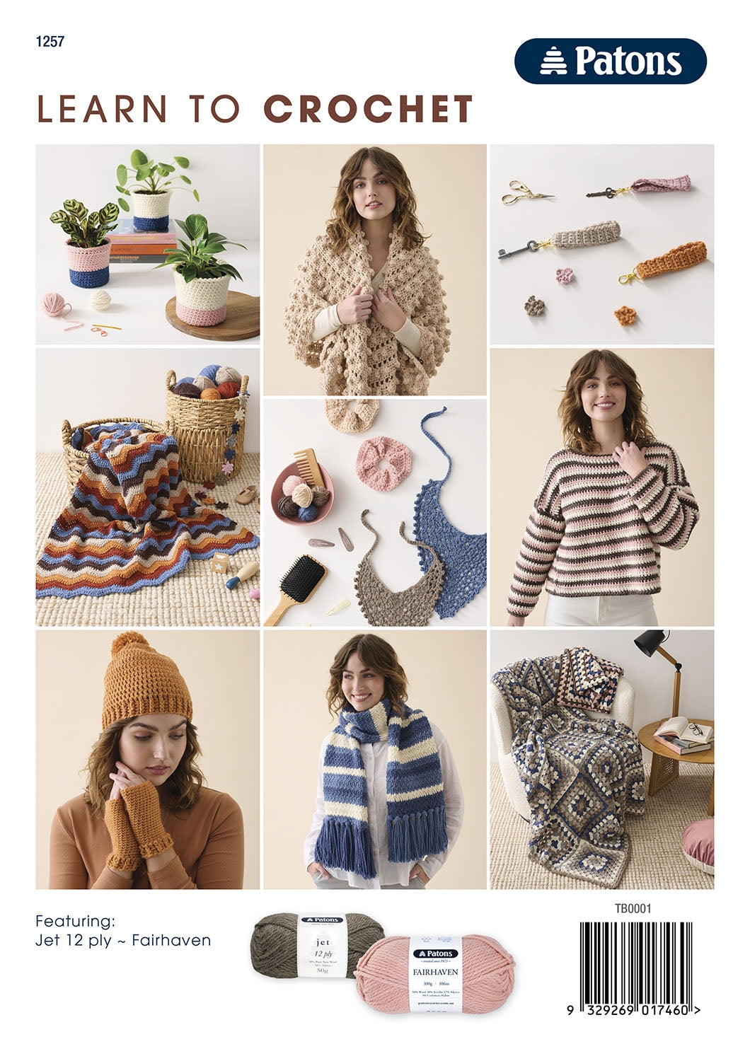Collage of crochet projects and tools. Includes plant holders, garments, and a blanket. Woman models crocheted items. Warm, cozy vibe. Patons branding.