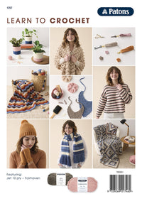 Collage of crochet projects and tools. Includes plant holders, garments, and a blanket. Woman models crocheted items. Warm, cozy vibe. Patons branding.