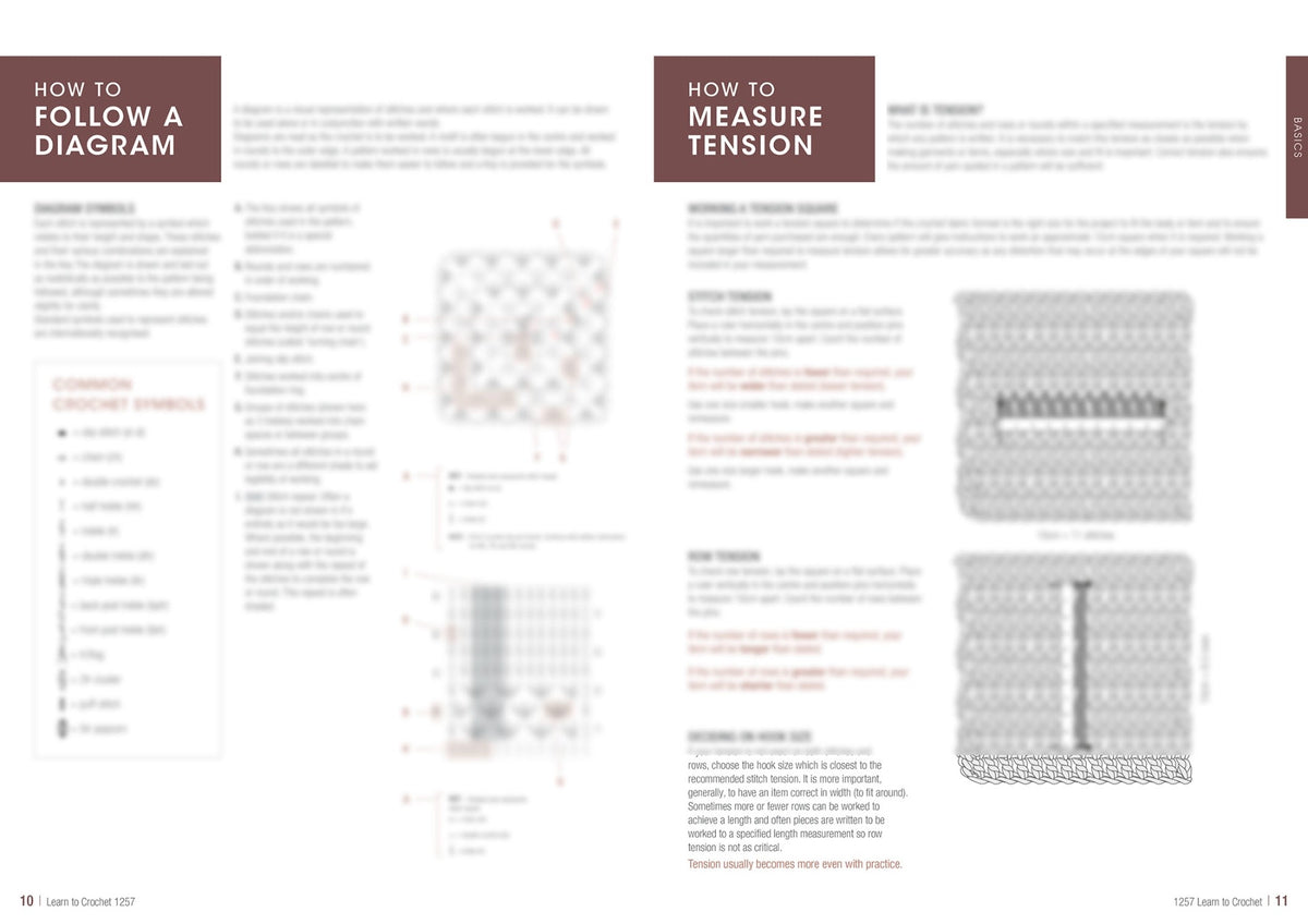 A guide with the headings 'How to Follow a Diagram' and 'How to Measure Tension.' The page features crochet pattern diagrams and instructions, detailed with numbered symbols. The layout is organized, with a focus on clear instructions and visual aids, creating an informative and educational tone.