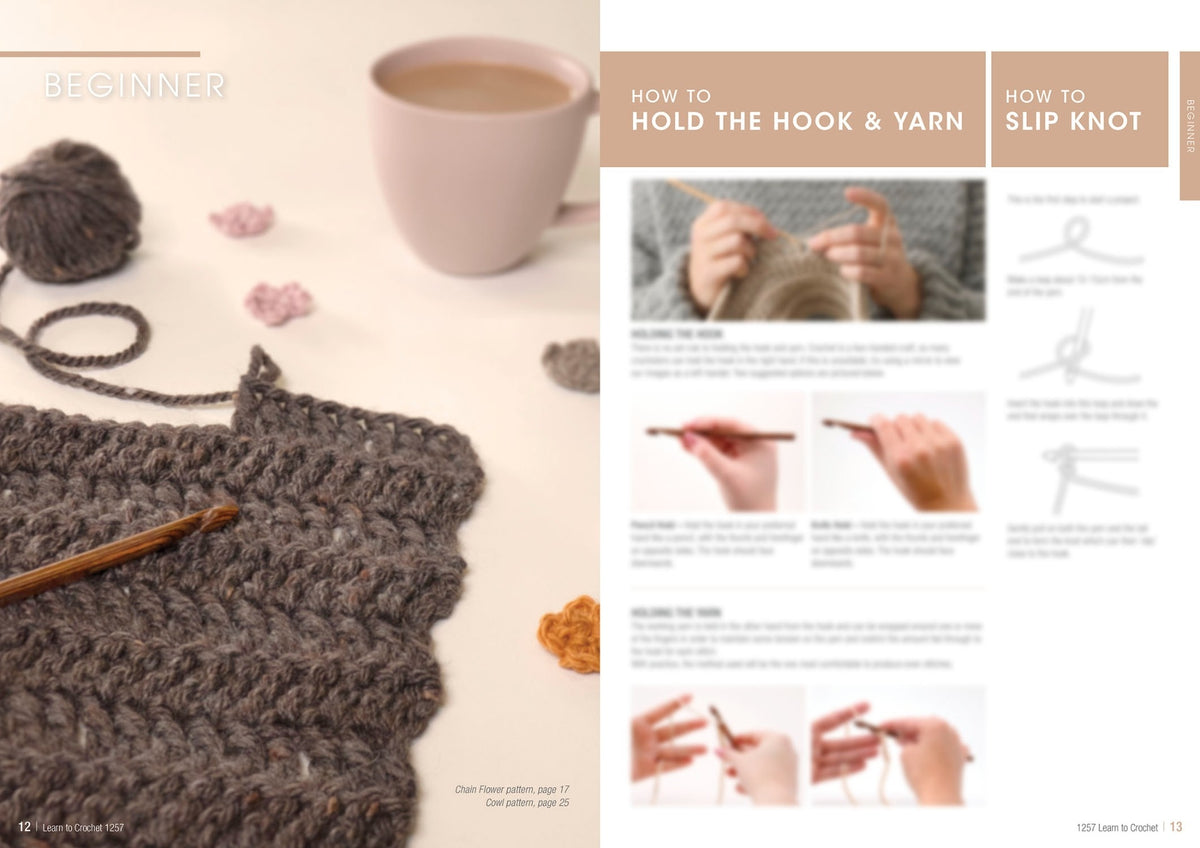 A beginner crochet guide featuring a cozy setup with a gray crochet piece, wooden hook, yarn ball, and a cup of coffee. Instructions on holding the hook and yarn, and creating a slip knot are shown, suggesting a calm, instructional tone.