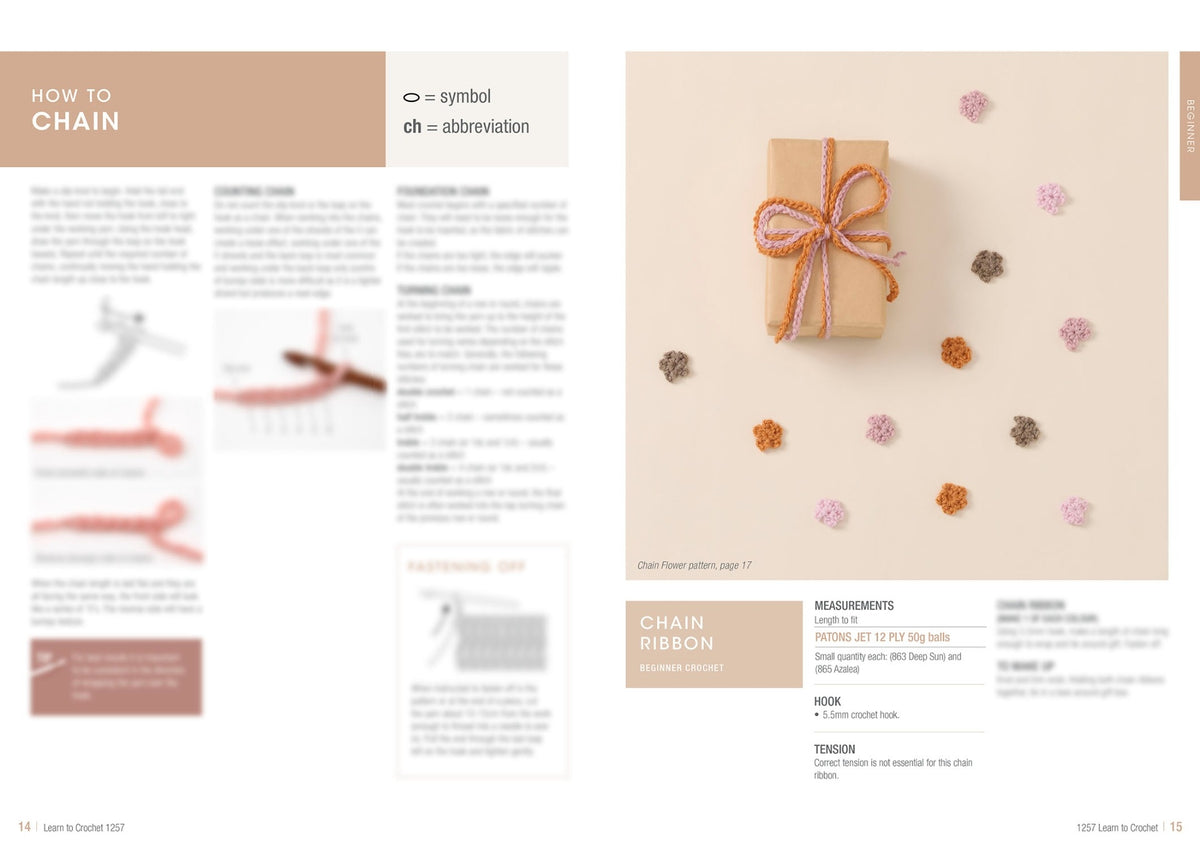 Craft guide showing crochet techniques and a gift wrapped with a crochet ribbon. Scattered crochet flowers add a playful touch. Calm, DIY vibe.