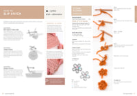Instructional page on slip stitch and chain flower crochet. Left side shows slip stitch instructions with black and white illustrations. Right side displays steps for a chain flower with color images of orange yarn on a crochet hook. The section divides techniques with clear text and visual aids, creating an instructional and educational tone.
