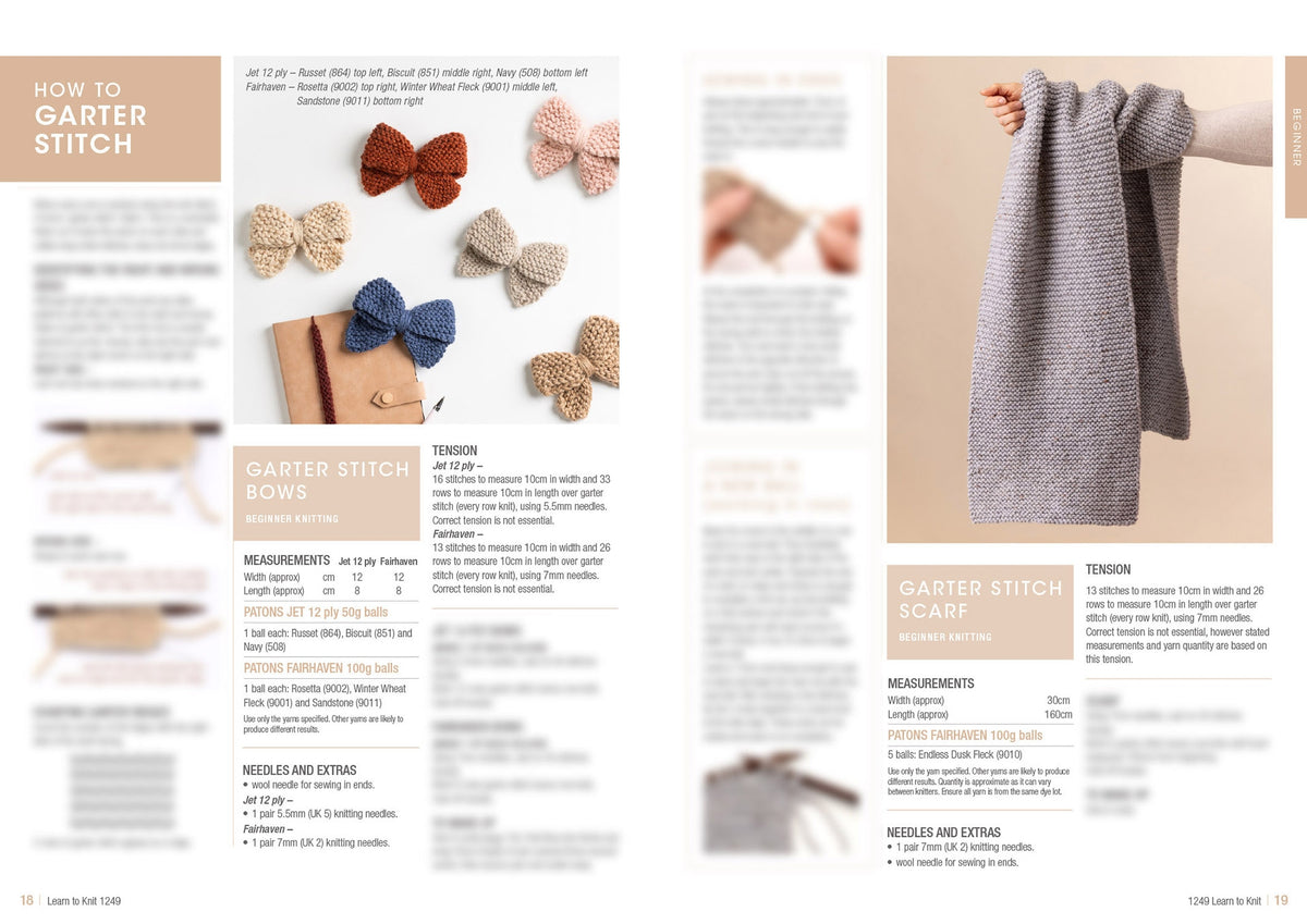A knitting tutorial page shows techniques for making garter stitch bows and a scarf. Includes images of both projects, measurement details, and yarn specifications.