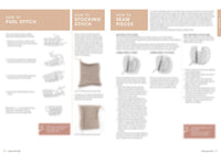 Blurred instructional page with diagrams and text sections for purl stitch, stocking stitch, and seaming pieces. Neutral background, instructional tone.