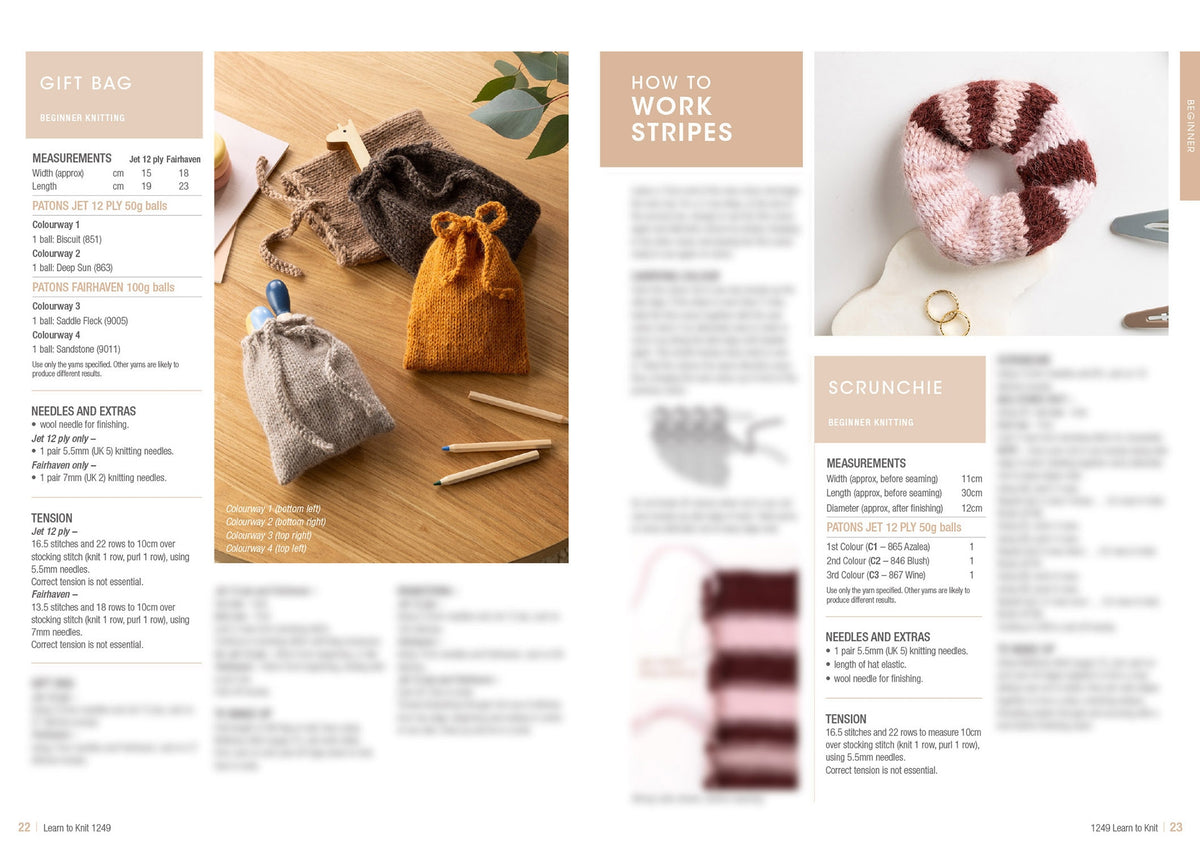 Knitting pattern guide showing handmade drawstring bags and a striped scrunchie. Includes instructions, yarn colors, and tools on a wooden surface. Warm tones convey a cozy, creative atmosphere.