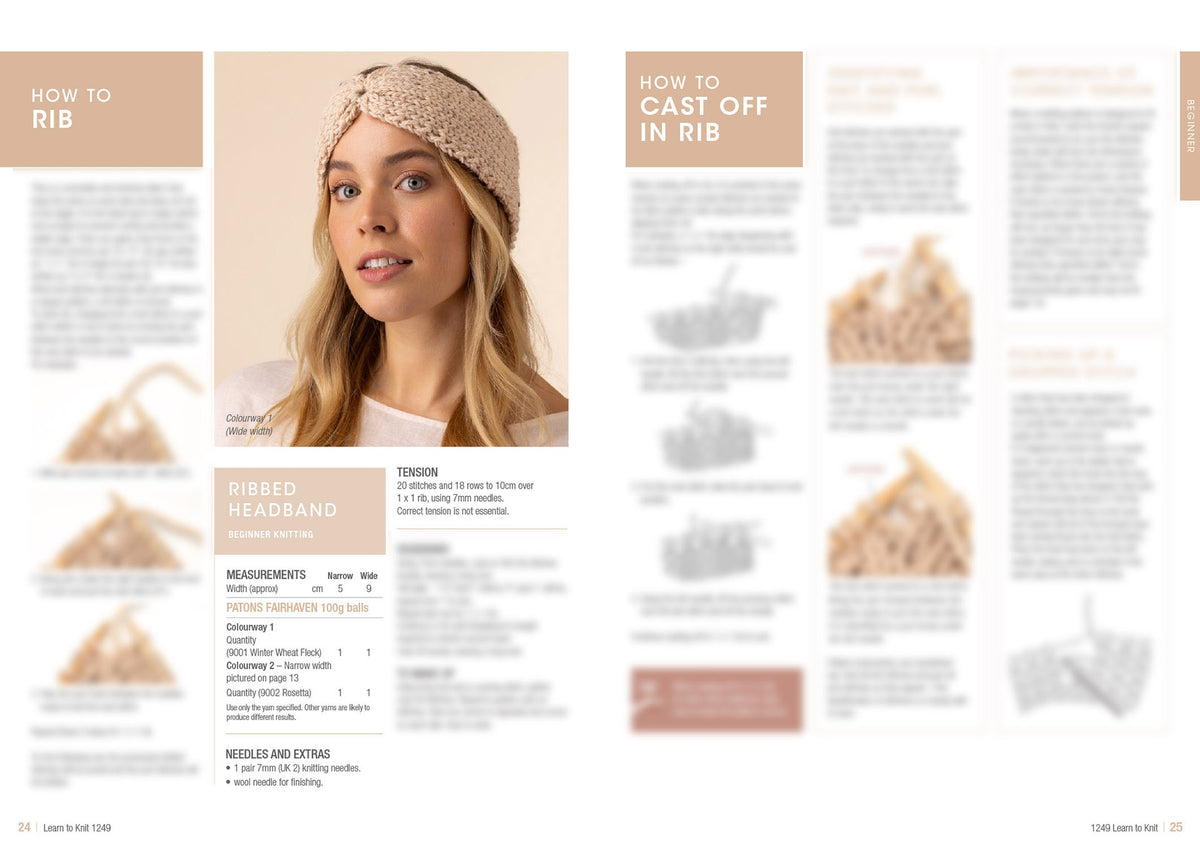 A woman with long hair wears a knitted ribbed headband. The page includes knitting instructions and images for a ribbed headband and casting off. The tone is instructional.