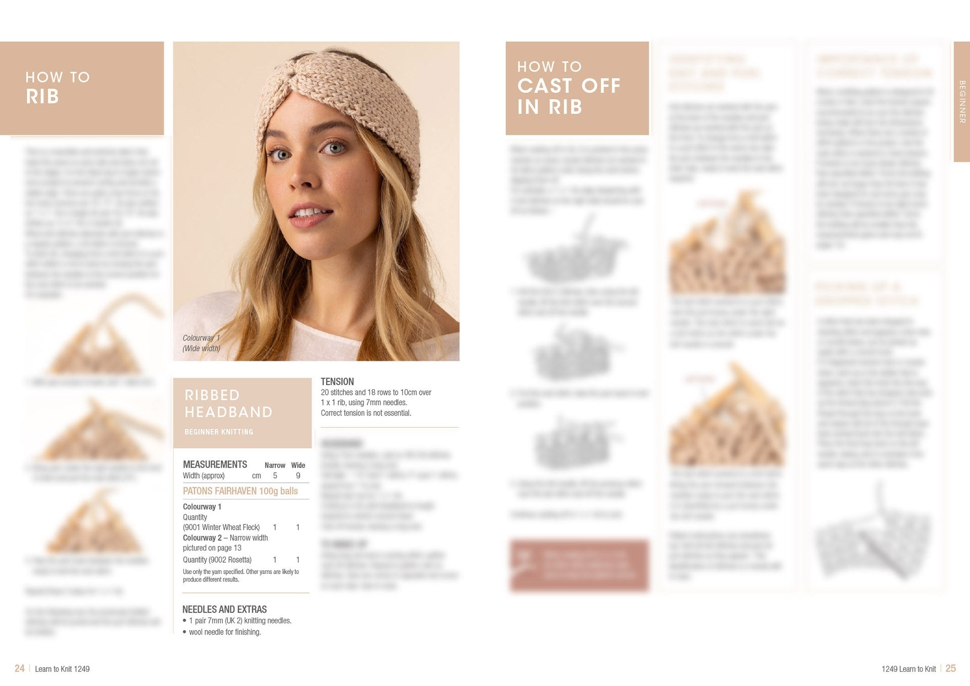 A woman with long hair wears a knitted ribbed headband. The page includes knitting instructions and images for a ribbed headband and casting off. The tone is instructional.