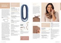 The image displays a magazine spread for knitting projects. The left page features necklace patterns with blue and gray yarns, along with tools like needles and clips. The right page shows a smiling person wearing a knitted cowl, suggesting a warm and cozy feel. Text includes project instructions, measurements, and materials. The overall tone is inviting and creative.