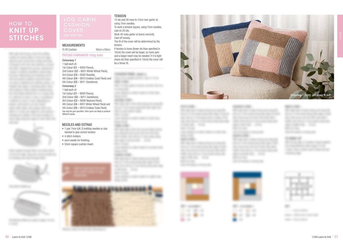 Magazine page on knitting features two knitted cushion covers with geometric patterns in blue, pink, and beige. The left side includes knitting instructions, measurements, and materials needed. A cozy and inviting tone is conveyed.