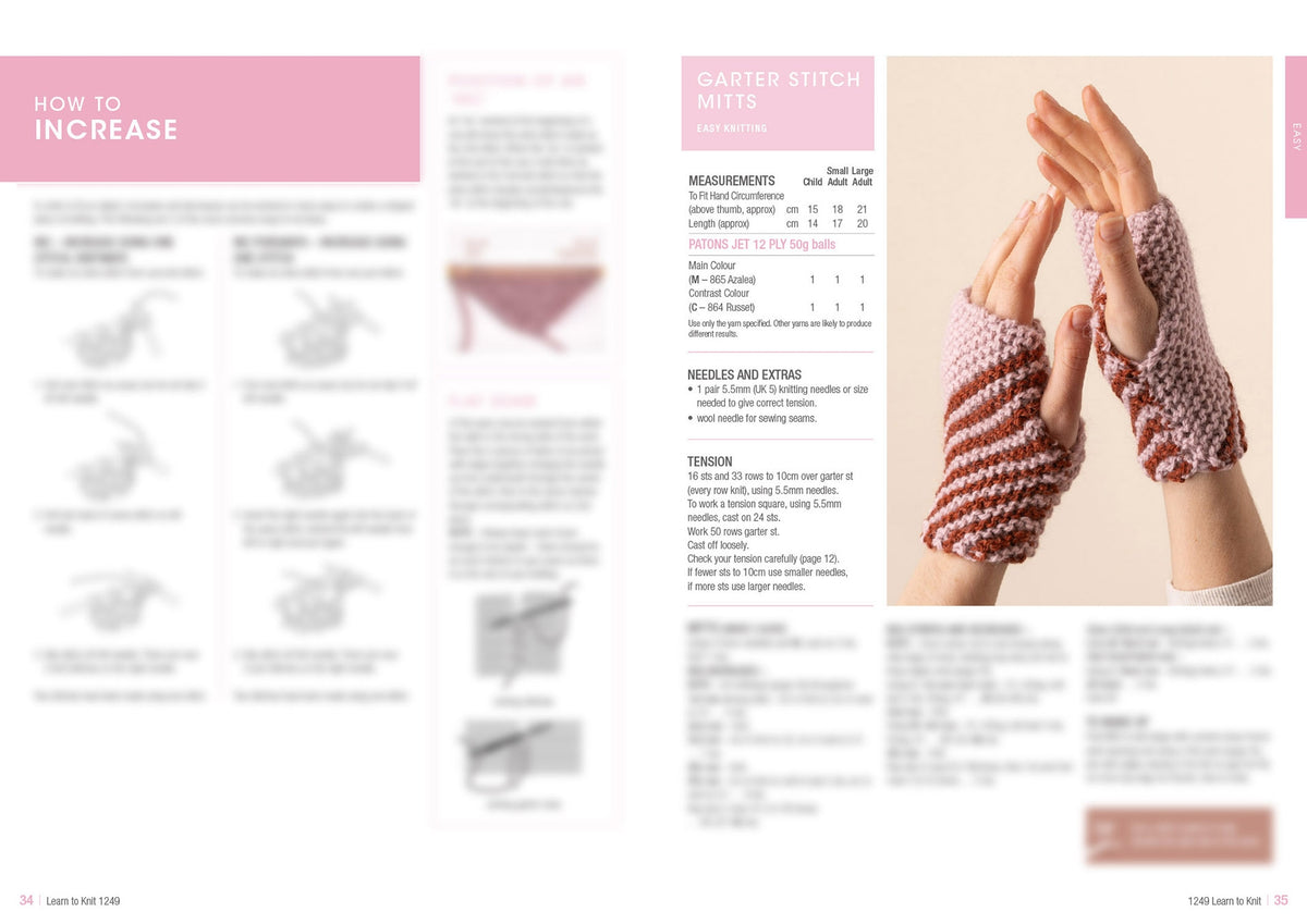A magazine spread features knitting instructions. The right page shows hands wearing pink and brown striped garter stitch mitts. The left page contains text on knitting techniques and mitten patterns, highlighted in pink. The overall tone is instructional and creative.