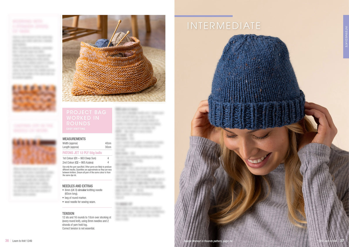 A smiling woman wears a blue knitted hat, denoting an intermediate skill level. Beside her, a cozy, orange knitted project bag with knitting supplies.