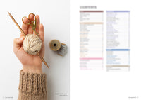 A hand in a knitted sleeve holds a ball of yarn, knitting needle, and gold scissors. Nearby is a spool of thread. Right side shows a blurred table of contents.