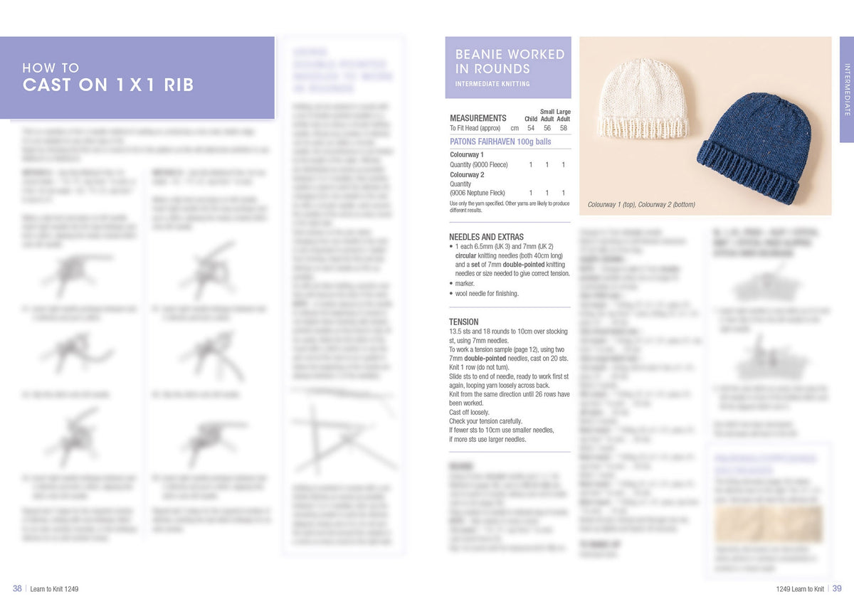 Two-page knitting guide on 1x1 rib casting and beanie knitting in rounds. Includes instructions, diagrams, and images of a cream and blue beanie.