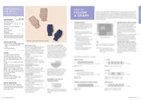 Knitting pattern instructions for Fisherman’s Rib Mitts include measurements, materials, and steps. Image shows beige and blue mittens. A guide on following a graph is featured alongside pattern charts. The page conveys a detailed, instructional tone.