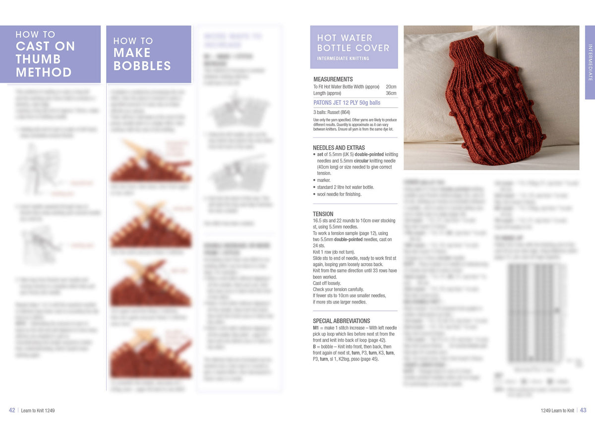A knitting pattern page for a hot water bottle cover. It features instructions on casting on and making bobbles. A finished red cover is pictured.