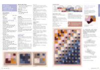 A knitting pattern page titled "Mitred Cushion and Throw." It includes measurements, materials, and tension information. Images of knitted squares and a colorful patchwork throw are shown, featuring shades of pink, orange, and blue, creating a cozy and creative atmosphere.