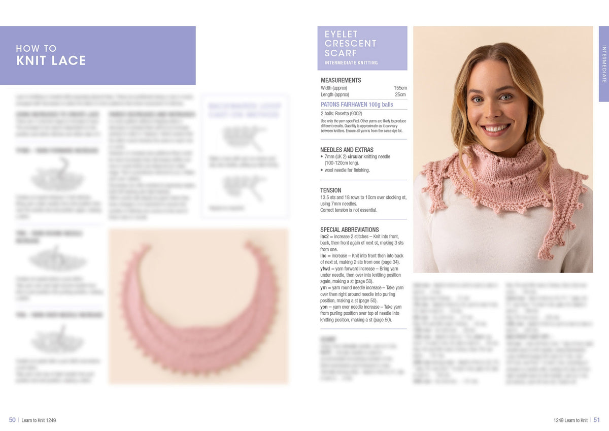 A magazine page features "How to Knit Lace" instructions on the left. The right side shows a smiling woman wearing a pink lace crescent scarf.