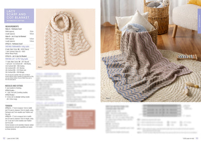 Two knitting projects displayed on a pattern page: a lacy scarf in cream laid flat on the left and a knitted blanket with scalloped edges draped over a wicker basket on the right. Both feature intricate patterns, and the setting is cozy, with a woven rug and pillows, conveying warmth and comfort. Text includes pattern details.