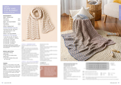 Two knitting projects displayed on a pattern page: a lacy scarf in cream laid flat on the left and a knitted blanket with scalloped edges draped over a wicker basket on the right. Both feature intricate patterns, and the setting is cozy, with a woven rug and pillows, conveying warmth and comfort. Text includes pattern details.