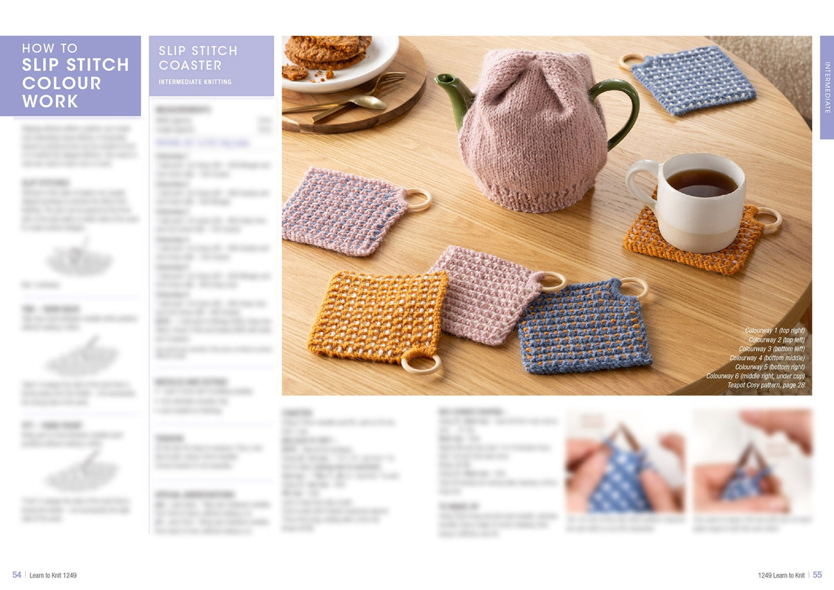 Knitted coasters in pastel colors and a teapot cozy on a wooden table. A cup of tea and cookies add a cozy, warm atmosphere. Step-by-step instructions visible.