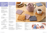 Knitted coasters in pastel colors and a teapot cozy on a wooden table. A cup of tea and cookies add a cozy, warm atmosphere. Step-by-step instructions visible.