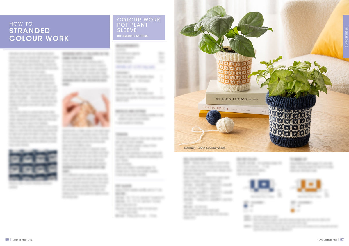 Magazine layout on "How to Stranded Colour Work" for knitting. Right shows two plants in knitted sleeves on books, exuding a cozy, creative vibe.