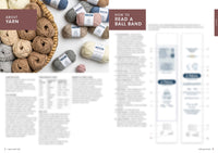 Basket of multi-colored yarn balls on the left; text explains yarn types and ball band reading. The mood is informative and cozy.