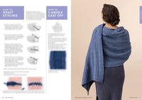 A woman with short hair wearing a textured blue shawl. Beside her, text and images explain "How to Graft Stitches" and "3-Needle Cast Off."