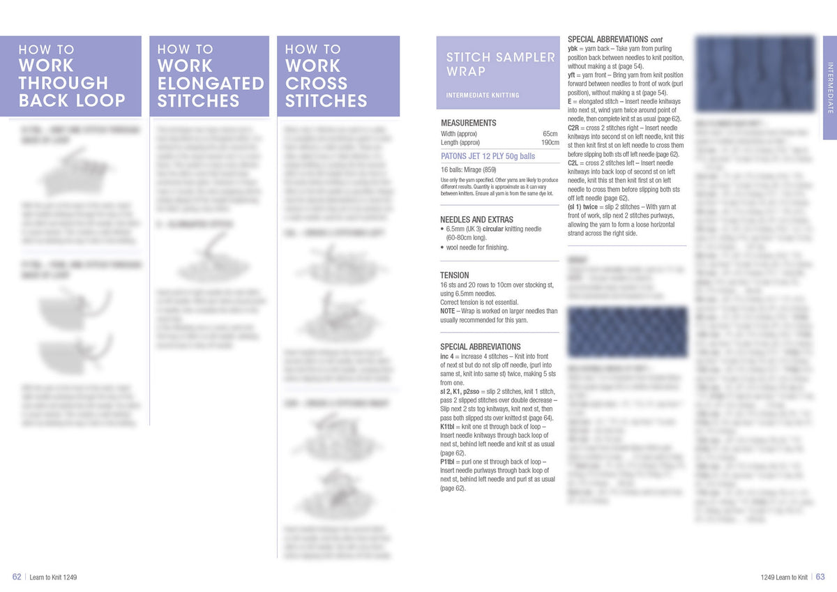 Knitting instruction page with three sections on stitch techniques: back loop, elongated, and cross stitches. Includes text and diagrams with lavender headings. A detailed guide for intermediate knitters, featuring measurements and special abbreviations. The tone is instructional and informative.