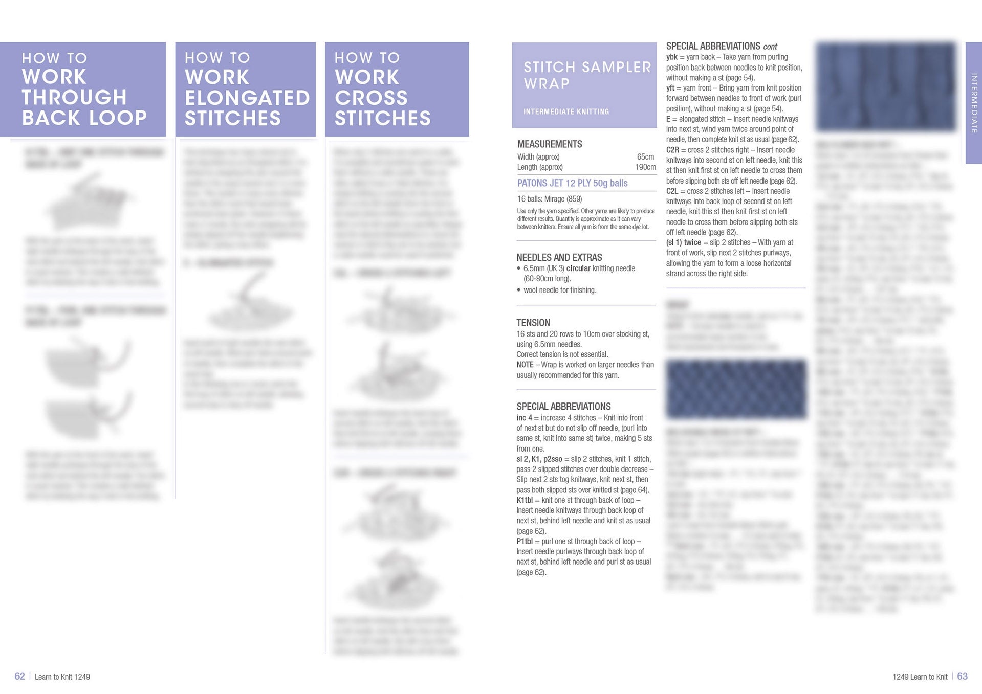 Knitting instruction page with three sections on stitch techniques: back loop, elongated, and cross stitches. Includes text and diagrams with lavender headings. A detailed guide for intermediate knitters, featuring measurements and special abbreviations. The tone is instructional and informative.