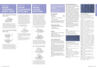 Knitting instruction page with three sections on stitch techniques: back loop, elongated, and cross stitches. Includes text and diagrams with lavender headings. A detailed guide for intermediate knitters, featuring measurements and special abbreviations. The tone is instructional and informative.