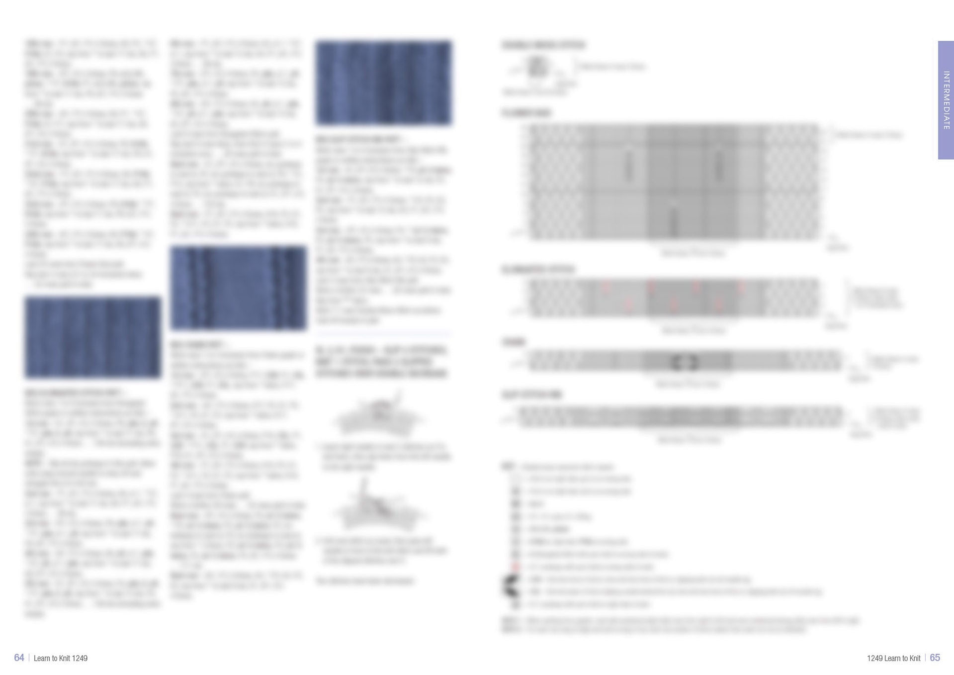 The image shows pages from a knitting pattern book. The left page has text and two blue knitted fabric swatches. The right page shows knitting charts with symbols.