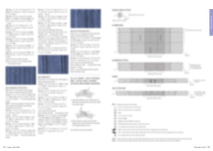 The image shows pages from a knitting pattern book. The left page has text and two blue knitted fabric swatches. The right page shows knitting charts with symbols.