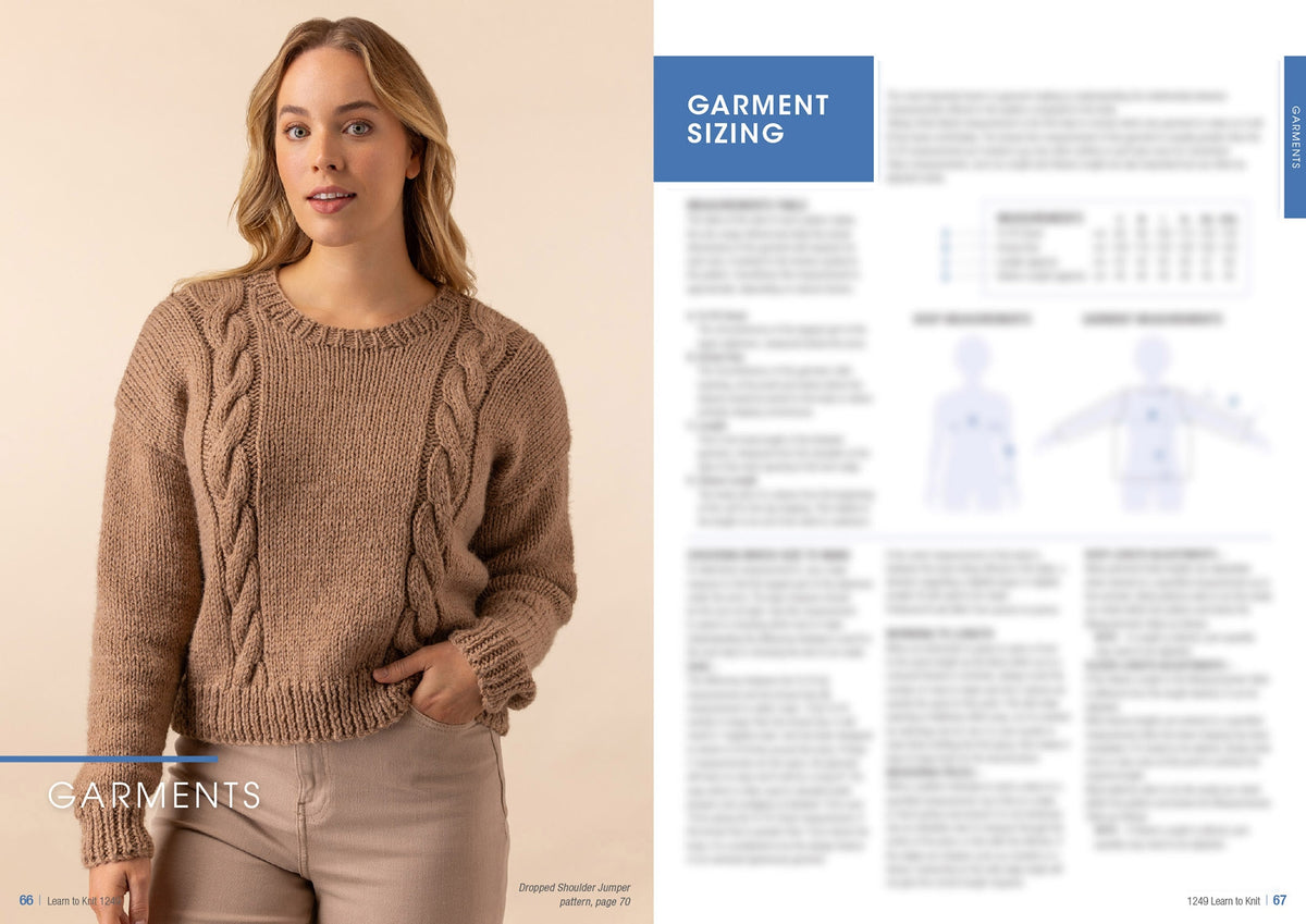 A smiling person wearing a brown knitted sweater poses confidently. On the right, blurred text on garment sizing and diagrams are visible. The tone is warm and cozy.
