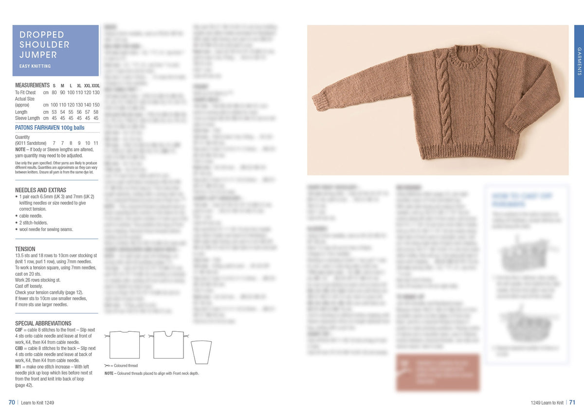 Knitting pattern page with a brown, cable-knit dropped shoulder jumper. Includes detailed measurements, tools needed, and knitting instructions.