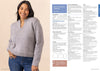 Smiling woman wearing a light gray knitted jumper, with ribbed cuffs and a subtle v-neck. She’s posing with hands on hips against a neutral background. To her right, knitting pattern instructions and illustrations are visible.