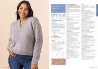 Smiling woman wearing a light gray knitted jumper, with ribbed cuffs and a subtle v-neck. She’s posing with hands on hips against a neutral background. To her right, knitting pattern instructions and illustrations are visible.