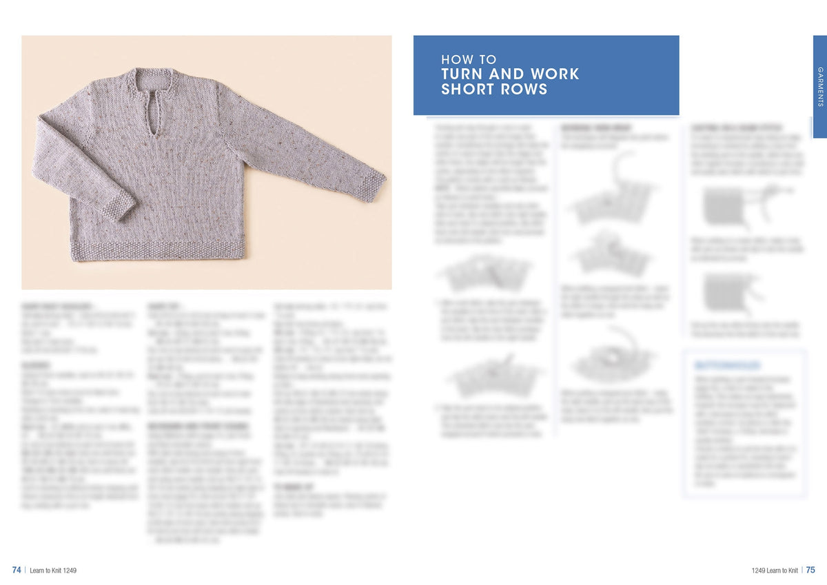 Knitting guide spread with a knitted gray sweater on the left. On the right, instructions titled "How to Turn and Work Short Rows," with text and diagrams.