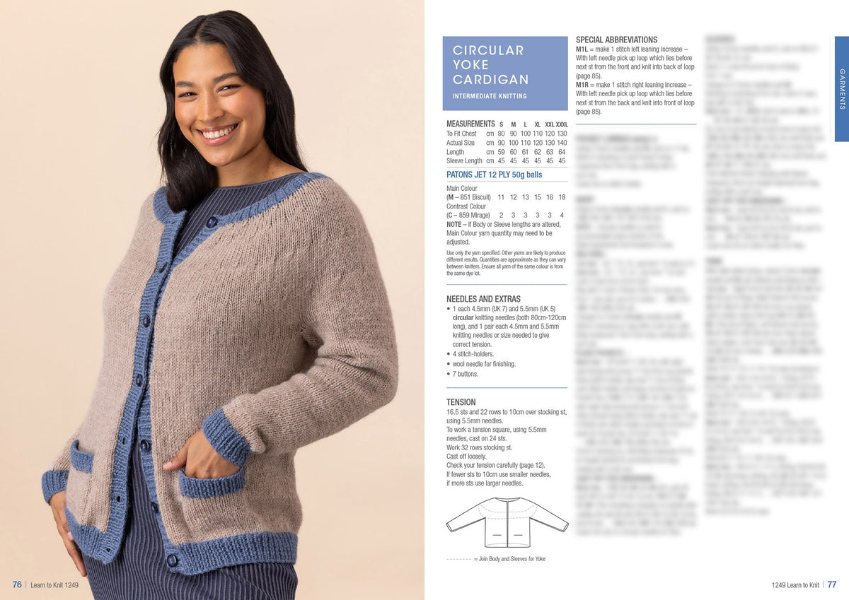 Smiling woman wearing a beige cardigan with blue trim and pockets, hands in pockets. On the right, knitting pattern details for the cardigan.