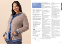 Smiling woman wearing a beige cardigan with blue trim and pockets, hands in pockets. On the right, knitting pattern details for the cardigan.